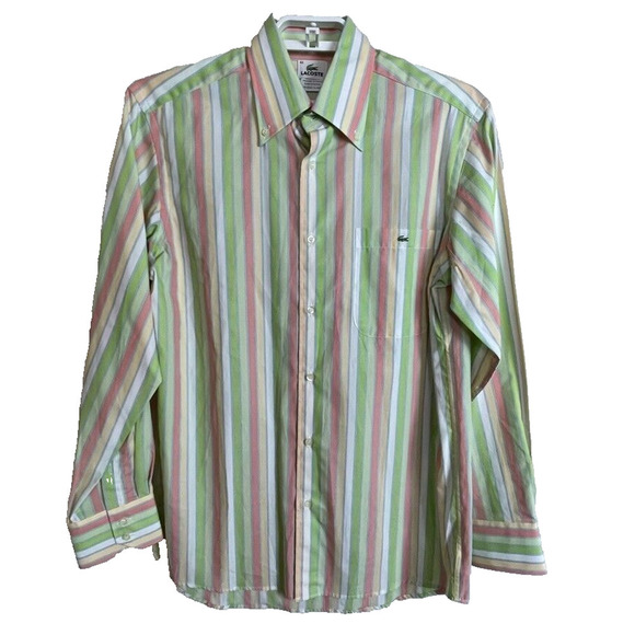 Lacoste Men's Size 40 Striped Lime Green Peach White Pointed Collar Long Sleeve - Picture 1 of 10